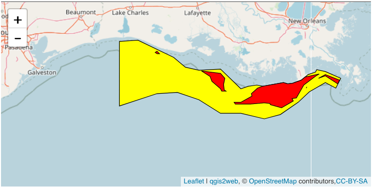 The Gulf Dead Zone in 2018 The red area denotes water with less than 2 milligrams per liter of oxygen, the operational definition of hypoxia. The yellow area is anything between 2 mg/l and up to 9 mg/l in shallow water.